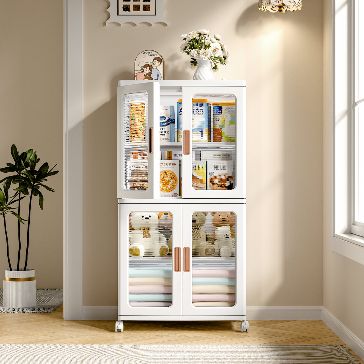 2-Tier Stackable Storage Bin With Doors And Adjustable Shelves Rolling Plastic Folding Storage Cabinet Collapsible Closet For Home Dorms Organizer